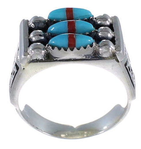 Well Built Needlepoint Turquoise Coral Silver Ring Size 7-1/4 VX37227